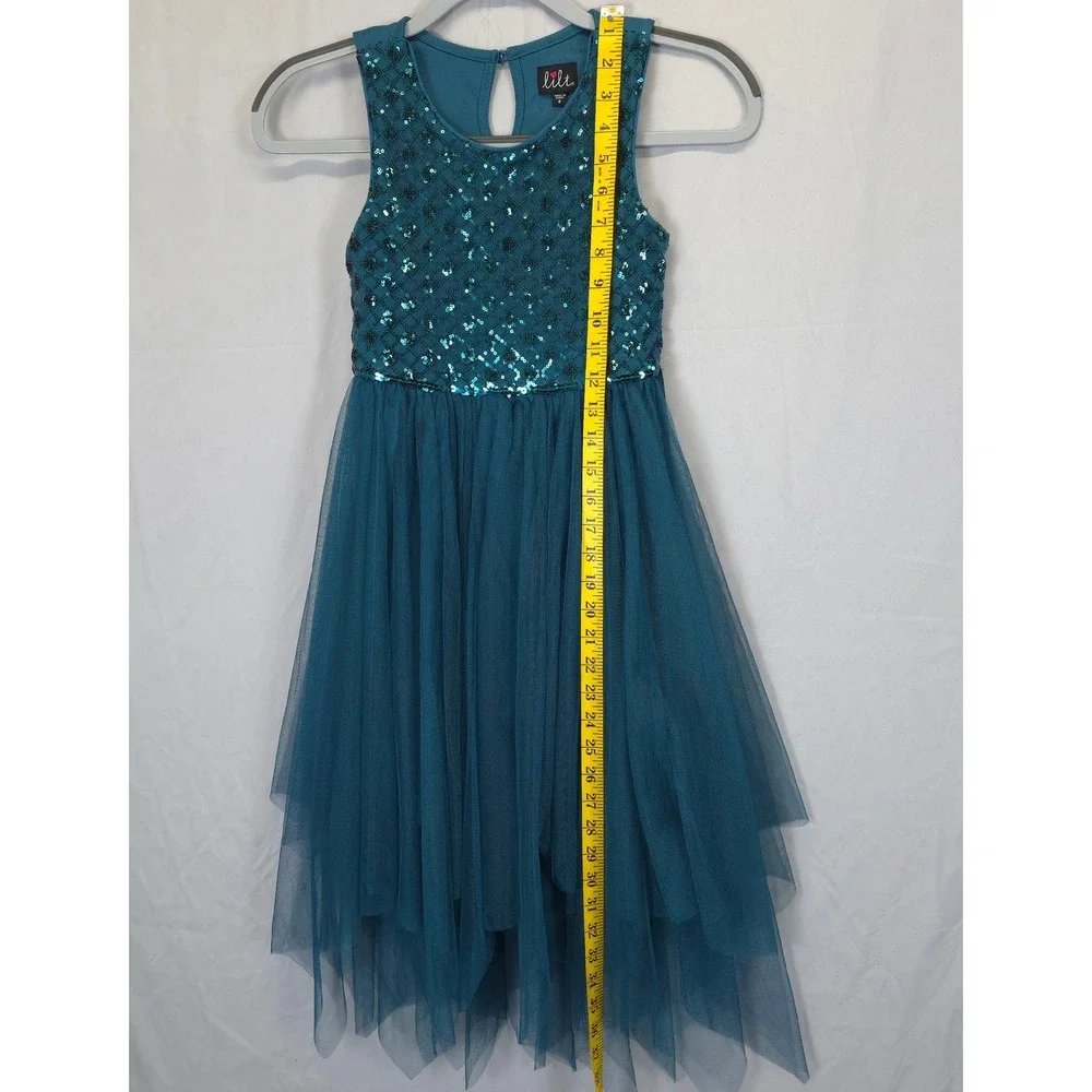 Lilt Teal Sequin Tulle Dress Girls 8 Handkerchief Hem Sleeveless Party‎ Festive